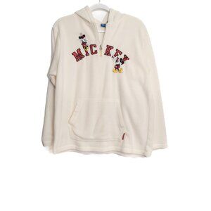 Disney Size XL Mickey Mouse Embroidered Hoodie Cream Pullover Fleece
